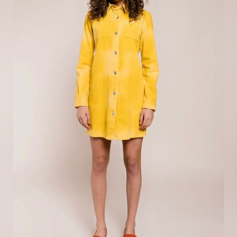 GANNI Hopewell Denim Shirt Dress/Jacket Yellow Hand Sprayed Tie-Dye Size XS-2